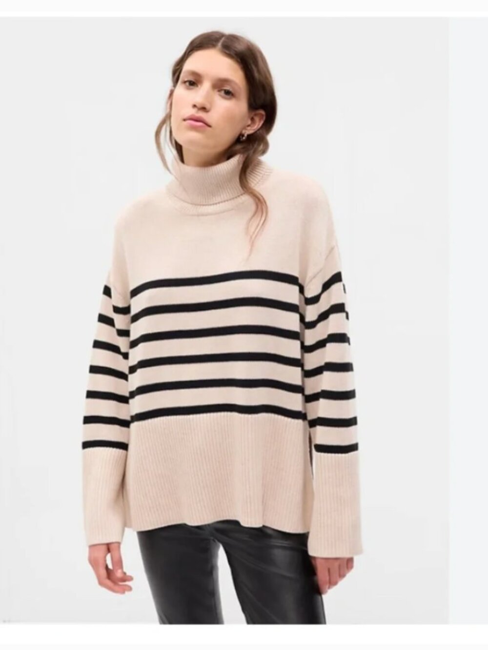 GAP 24/7 Split-Hem Turtleneck Black and Beige Breton Stripe Sweater XXS